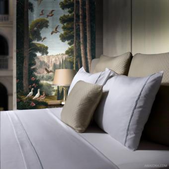 Completo Letto di Lusso Essentia Custom Piping - in Raso 600 TC Bianco con Striscia in Blu Chiaro Vintage 