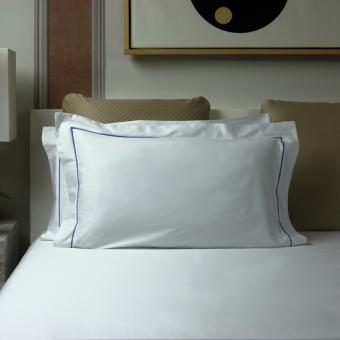 Sateen Shams Essentia Custom Bourdon | 600 TC | White with Embroidery in Ultramarine Blue 